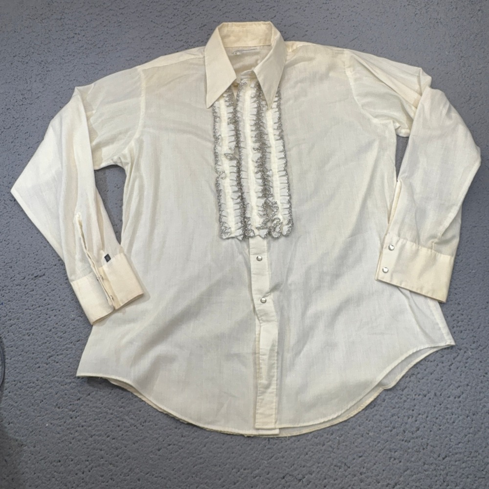 Vintage Rockmount Ranch Wear Shirt Mens Large Cream Ruffled Snap Tuxedo Western